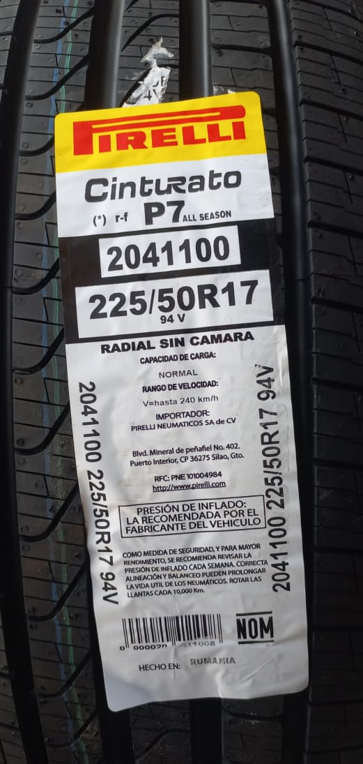 225/50R17 PIRELLI CINTURATO P7as 94V RUN FLAT (*)